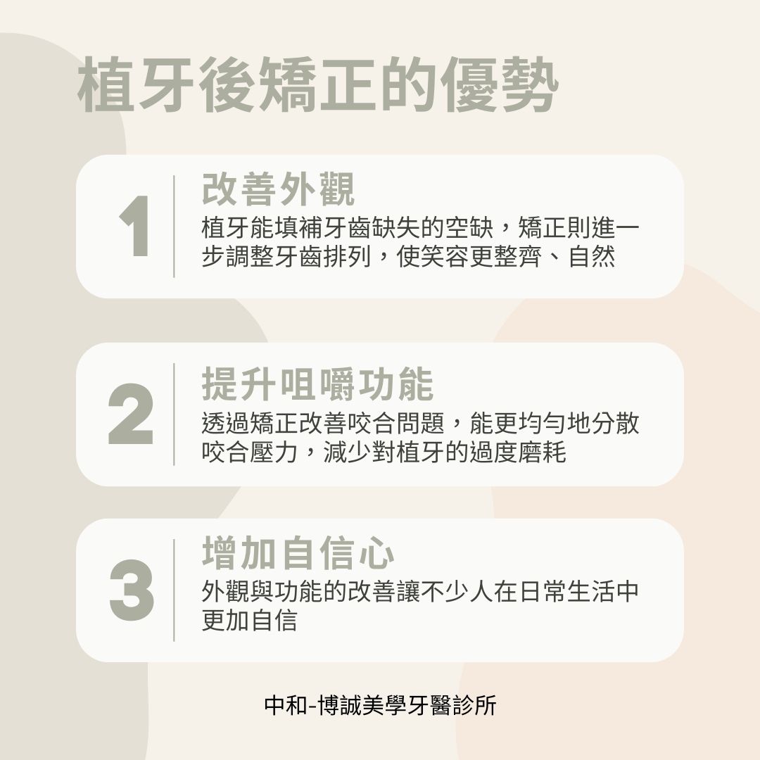 植牙後矯正優勢包含可以改善外觀、提升咬合功能和增加外觀自信心